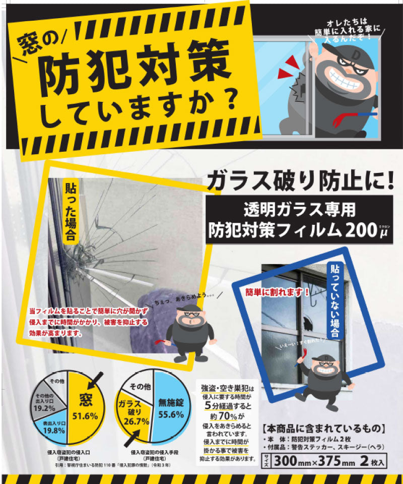 窓ガラスに貼るだけで、防犯対策を手軽に強化。透明ガラス専用 防犯対策フィルム200μ（1セット：2枚入）[SA-024]